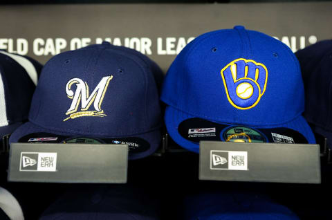 MILWAUKEE, WI – APRIL 24: Baseball hats with the current logo, left, and retro logo sit on display at Miller Park on April 24, 2016 in Milwaukee, Wisconsin. (Photo by Dylan Buell/Getty Images) *** Local Caption ***