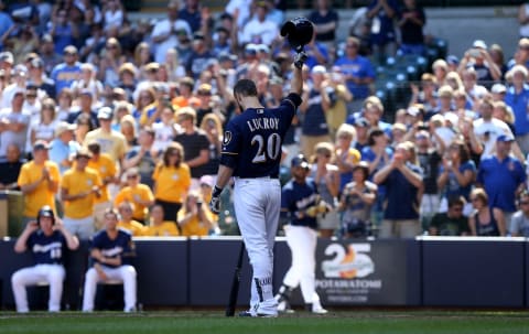 MILWAUKEE, WI – JULY 31: Jonathan Lucroy #20 of the Milwaukee Brewers gestures to the crowd while batting in the eighth inning against the Pittsburgh Pirates at Miller Park on July 31, 2016 in Milwaukee, Wisconsin. (Photo by Dylan Buell/Getty Images)