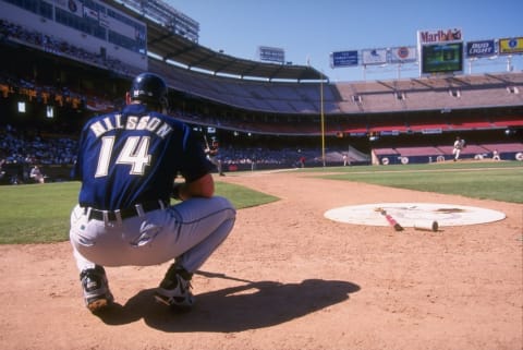 28 Jul 1996: Dave Nilsson of the Milwaukee Brewers crouches down as he waits for his at-bat while looking on from the on deck circle during the Brewers 4-3 victory over the California Angels at Anaheim Stadium in Anaheim, California. Mandatory Credit: