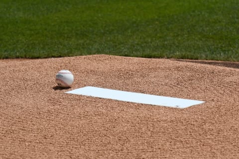 DETROIT, MI – JULY 30: A detailed view of an official Major League baseball sitting on the pitchers mound next to the rubber prior to the start of the game between the Detroit Tigers and the Houston Astros at Comerica Park on July 30, 2017 in Detroit, Michigan. The Tigers defeated the Astros 13-1. (Photo by Mark Cunningham/MLB Photos via Getty Images)