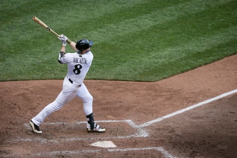 MILWAUKEE, WI – MAY 28: Ryan Braun #8 of the Milwaukee Brewers hits a single in the fifth inning against the St. Louis Cardinals at Miller Park on May 28, 2018 in Milwaukee, Wisconsin. MLB players across the league are wearing special uniforms to commemorate Memorial Day. (Photo by Dylan Buell/Getty Images)