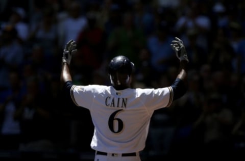 MILWAUKEE, WI – JUNE 13: Lorenzo Cain #6 of the Milwaukee Brewers celebrates after hitting a home run in the third inning against the Chicago Cubs at Miller Park on May 27, 2018 in Milwaukee, Wisconsin. (Photo by Dylan Buell/Getty Images)