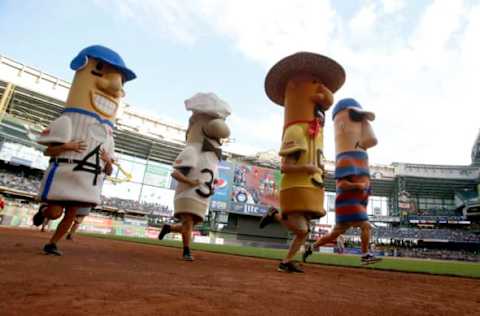 MILWAUKEE, WI – SEPTEMBER 28: The Racing Sausages race during the sixth inning in the game between the Cincinnati Reds and the Milwaukee Brewers at Miller Park on September 28, 2017 in Milwaukee, Wisconsin. (Photo by Mike McGinnis/Getty Images)