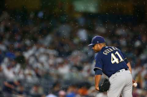 NEW YORK, NY – JULY 07: The rain falls as Junior Guerra