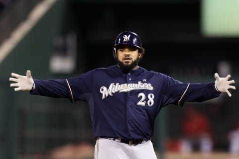 ST LOUIS, MO – OCTOBER 13: Prince Fielder #28 of the Milwaukee Brewers gestures after he hit a double in the top of the fourth inning against the St. Louis Cardinals during Game 4 of the National League Championship Series at Busch Stadium on October 13, 2011 in St. Louis, Missouri. (Photo by Christian Petersen/Getty Images)