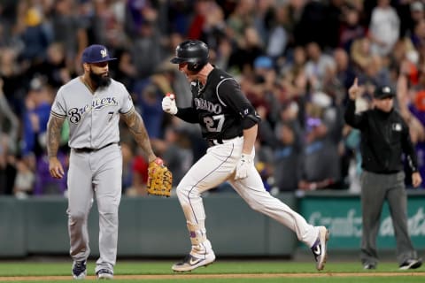 DENVER, COLORADO – SEPTEMBER 28: Trevor Story #27 of the Colorado Rockies circles the bases after hitting a walk off home in the tenth inning against the Milwaukee Brewers at Coors Field on September 28, 2019 in Denver, Colorado. (Photo by Matthew Stockman/Getty Images)