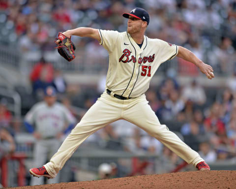 ATLANTA, GA – OCTOBER 03: Will Smith #51 of the Atlanta Braves pitches in the ninth Inning against the New York Mets at Truist Park on October 3, 2021 in Atlanta, Georgia. (Photo by Edward M. Pio Roda/Getty Images)