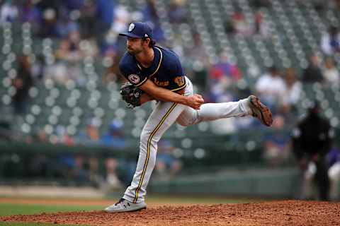 MESA, AZ – MARCH 12: J.P. Feyereisen #54 of the Milwaukee Brewers pitches during the game against the Chicago Cubs at Sloan Park on March 12, 2021 in Mesa, Arizona. The Brewers defeated the Cubs 8-3. (Photo by Rob Leiter/MLB Photos via Getty Images)