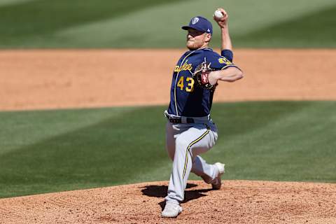 PEORIA, ARIZONA – MARCH 03: Starting pitcher Drew Rasmussen #43 of the Milwaukee Brewers pitches against the San Diego Padres during the MLB spring training game on March 03, 2021 in Peoria, Arizona. (Photo by Christian Petersen/Getty Images)