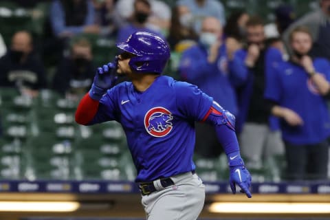 MILWAUKEE, WISCONSIN – APRIL 13: Willson Contreras #40 of the Chicago Cubs celebrates a two run home run during the eighth inning against the Milwaukee Brewers at American Family Field on April 13, 2021 in Milwaukee, Wisconsin. (Photo by Stacy Revere/Getty Images)