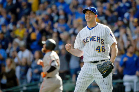 MILWAUKEE, WI – SEPTEMBER 09: Corey Knebel #46 of the Milwaukee Brewers celebrates after Hunter Pence #8 of the San Francisco Giants flew out for the final out of the game at Miller Park on September 9, 2018 in Milwaukee, Wisconsin. The Milwaukee Brewers won 6-3. (Photo by Jon Durr/Getty Images)