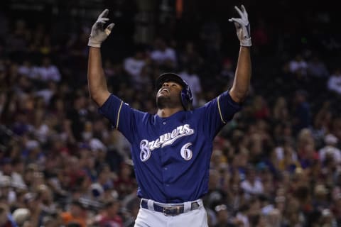 PHOENIX, ARIZONA – JULY 19: Lorenzo Cain #6 of the Milwaukee Brewers celebrates a solo home run against the Arizona Diamondbacks in the third inning of the MLB game at Chase Field on July 19, 2019 in Phoenix, Arizona. (Photo by Jennifer Stewart/Getty Images)