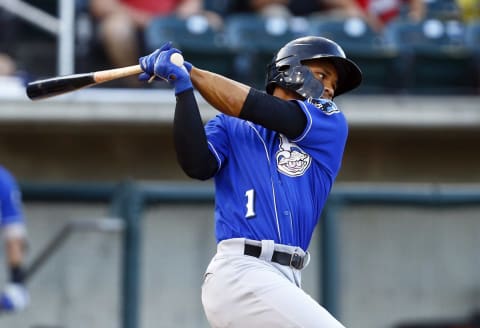 Jun 19, 2018; Birmingham, AL, USA; Biloxi Shuckers outfielder Corey Ray hits a pop fly during the Southern League All Star Game at Regions Field. Mandatory Credit: Butch Dill-USA TODAY Sports