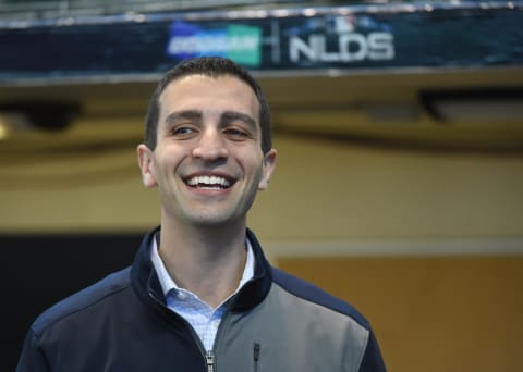 Oct 4, 2018; Milwaukee, WI, USA; Milwaukee Brewers general manager David Stearns before game one of the 2018 NLDS playoff baseball series against the Colorado Rockies at Miller Park. Mandatory Credit: Benny Sieu-USA TODAY Sports