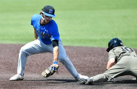 Vanderbilt shortstop Ethan Paul (10) steals second base past Duke shortstop Ethan Murray (1) in the first inning during the NCAA Division I Baseball Super Regionals at Hawkins Field Sunday, June 9, 2019, in Nashville, Tenn.Gw50498