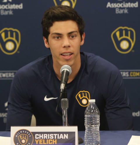 Brewers outfielder Christian Yelich answers questions after the announcement of his $188.5 million extension with the team.Christian Yelich