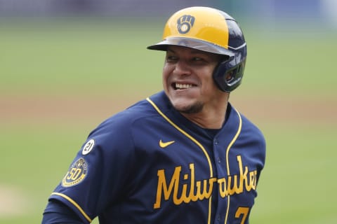 Sep 9, 2020; Detroit, Michigan, USA; Milwaukee Brewers center fielder Avisail Garcia (24) smiles after scoring a run during the fourth inning against the Detroit Tigers at Comerica Park. Mandatory Credit: Raj Mehta-USA TODAY Sports