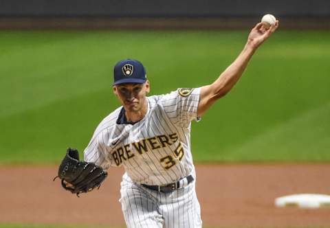 Sep 16, 2020; Milwaukee, Wisconsin, USA; Milwaukee Brewers pitcher Brent Suter (35) throws a pitch in the first inning against the St. Louis Cardinals at Miller Park. Mandatory Credit: Benny Sieu-USA TODAY Sports