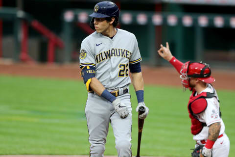 Milwaukee Brewers right fielder Christian Yelich (22) reacts after striking out in the first inning of a baseball game against the Cincinnati Reds, Wednesday, Sept. 23, 2020, at Great American Ball Park in Cincinnati.Milwaukee Brewers At Cincinnati Reds Sept 23