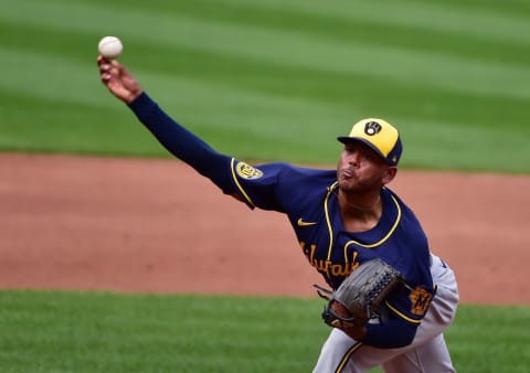 Sep 27, 2020; St. Louis, Missouri, USA; Milwaukee Brewers relief pitcher Freddy Peralta (51) pitches during the third inning against the St. Louis Cardinals at Busch Stadium. Mandatory Credit: Jeff Curry-USA TODAY Sports