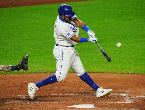 Sep 24, 2020; Kansas City, Missouri, USA; Kansas City Royals third baseman Maikel Franco (7) bats against the Detroit Tigers at Kauffman Stadium. Mandatory Credit: Jay Biggerstaff-USA TODAY Sports