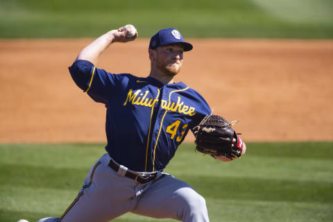 Mar 3, 2021; Peoria, Arizona, USA; Milwaukee Brewers pitcher Drew Rasmussen against the San Diego Padres during a Spring Training game at Peoria Sports Complex. Mandatory Credit: Mark J. Rebilas-USA TODAY Sports