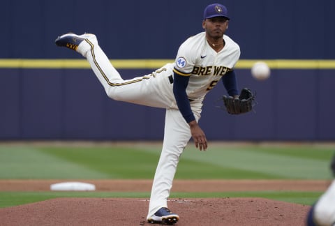 Mar 26, 2021; Phoenix, Arizona, USA; Milwaukee Brewers relief pitcher Freddy Peralta (51) throws against the Chicago White Sox during a spring training game at American Family Fields of Phoenix. Mandatory Credit: Rick Scuteri-USA TODAY Sports