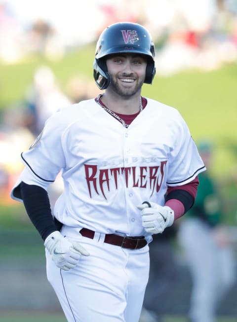 Wisconsin Timber Rattlers’ Garrett Mitchell (5) is all smiles heading back to the bench against the Beloit Snappers Tuesday, May 4, 2021, at Neuroscience Group Field at Fox Cities Stadium in Grand Chute, Wis. Dan Powers/USA TODAY NETWORK-WisconsinApc Rattlersvsbeloit 0504211736djp