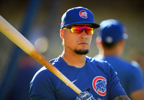 Jun 24, 2021; Los Angeles, California, USA; Chicago Cubs shortstop Javier Baez (9) warms up during batting practice before the game against the Los Angeles Dodgers at Dodger Stadium. Mandatory Credit: Jayne Kamin-Oncea-USA TODAY Sports