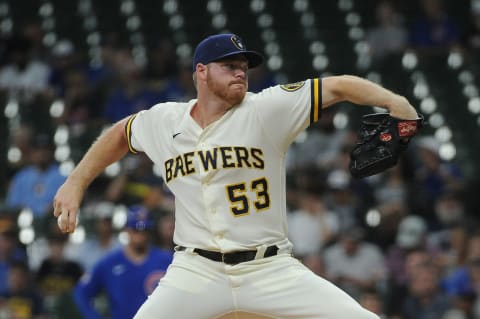 Jun 29, 2021; Milwaukee, Wisconsin, USA; Milwaukee Brewers starting pitcher Brandon Woodruff (53) delivers a pitch against the Chicago Cubs in the first inning at American Family Field. Mandatory Credit: Michael McLoone-USA TODAY Sports