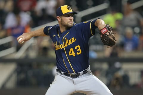 Jul 7, 2021; New York City, New York, USA; Milwaukee Brewers relief pitcher Hunter Strickland (43) pitches against the New York Mets during the seventh inning at Citi Field. Mandatory Credit: Brad Penner-USA TODAY Sports