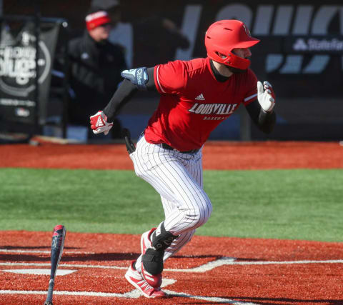 Louisville’s Alex Binelas runs to first after a base hit during a team scrimmage on Friday, February 5, 2021.Alexbinelas07