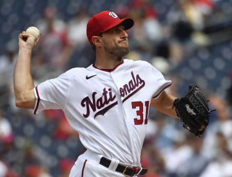 Jul 18, 2021; Washington, District of Columbia, USA; Washington Nationals starting pitcher Max Scherzer (31) throws to the San Diego Padres during the first inning at Nationals Park. Mandatory Credit: Brad Mills-USA TODAY Sports