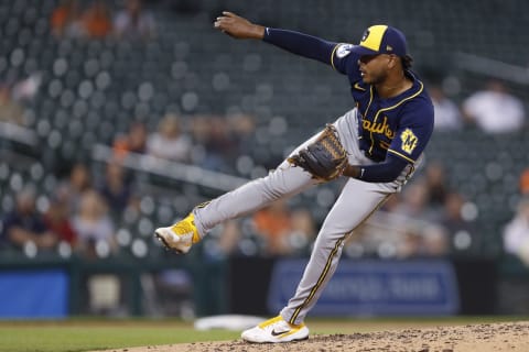 Sep 14, 2021; Detroit, Michigan, USA; Milwaukee Brewers starting pitcher Freddy Peralta (51) throws against the Detroit Tigers during the fourth inning at Comerica Park. Mandatory Credit: Raj Mehta-USA TODAY Sports