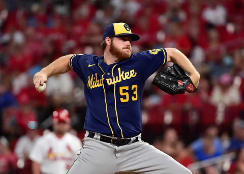 Sep 28, 2021; St. Louis, Missouri, USA; Milwaukee Brewers starting pitcher Brandon Woodruff (53) pitches during the first inning against the St. Louis Cardinals at Busch Stadium. Mandatory Credit: Jeff Curry-USA TODAY Sports