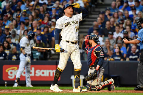 Oct 9, 2021; Milwaukee, Wisconsin, USA; Milwaukee Brewers right fielder Avisail Garcia (24) reacts during his at bat against the Atlanta Braves during the fourth inning during game two of the 2021 NLDS at American Family Field. Mandatory Credit: Michael McLoone-USA TODAY Sports