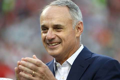 WASHINGTON, DC – JULY 16: MLB Commissioner Rob Manfred looks on during the T-Mobile Home Run Derby at Nationals Park on July 16, 2018 in Washington, DC. (Photo by Patrick Smith/Getty Images)