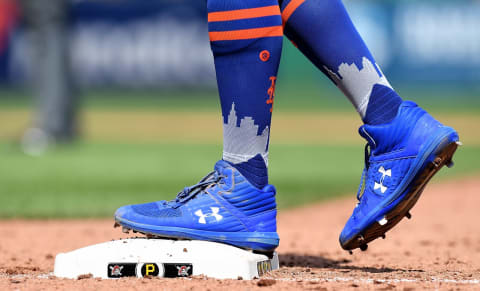 PITTSBURGH, PA – JULY 29: A detailed view of the Under Armour baseball shoes worn by Brandon Nimmo #9 of the New York Mets during the game against the Pittsburgh Pirates at PNC Park on July 29, 2018 in Pittsburgh, Pennsylvania. (Photo by Justin Berl/Getty Images)