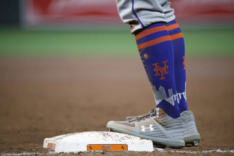 BALTIMORE, MD – AUGUST 15: A detail view of Brandon Nimmo #9 of the New York Mets Under Armour cleats in the seventh inning against the Baltimore Orioles at Oriole Park at Camden Yards on August 15, 2018 in Baltimore, Maryland. (Photo by Patrick McDermott/Getty Images)