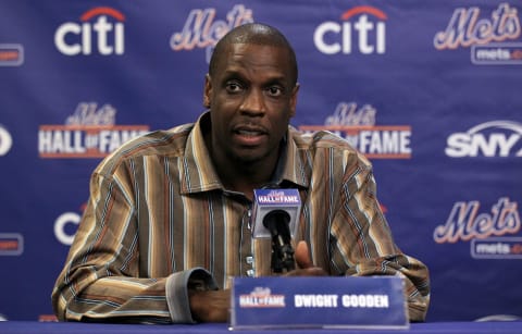 NEW YORK – JULY 31: Former player Dwight Gooden speaks during a press conference for his induction into the New York Mets Hall of Fame prior to the game against the Arizona Diamondbacks on July 31, 2010 at Citi Field in the Flushing neighborhood of the Queens borough of New York City. (Photo by Jim McIsaac/Getty Images)