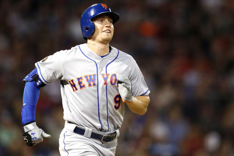 BOSTON, MA – SEPTEMBER 14: Brandon Nimmo #9 of the New York Mets walks to first after being struck by a pitch from Robby Scott #63 of the Boston Red Sox during the third inning at Fenway Park on September 14, 2018 in Boston, Massachusetts.(Photo by Maddie Meyer/Getty Images)