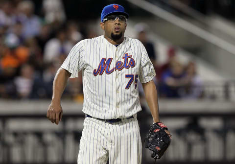 NEW YORK – AUGUST 14: Francisco Rodriguez #75 of the New York Mets looks on after pitching in the ninth inning against the Philadelphia Phillies on August 14, 2010 at Citi Field in the Flushing neighborhood of the Queens borough of New York City. The Phillies defeated the Mets 4-0. (Photo by Jim McIsaac/Getty Images)