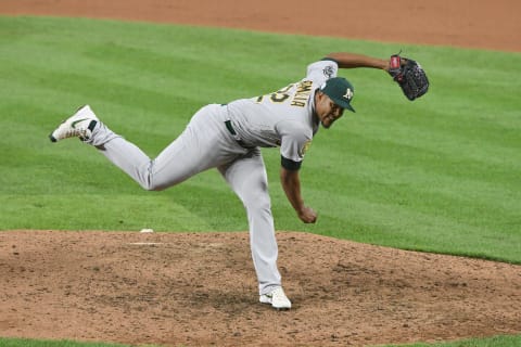 BALTIMORE, MD – SEPTEMBER 11: Jeurys Familia #32 of the Oakland Athletics pitches during a baseball game against the Baltimore Orioles at Oriole Park at Camden Yards on September 11, 2018 in Baltimore, Maryland. (Photo by Mitchell Layton/Getty Images)