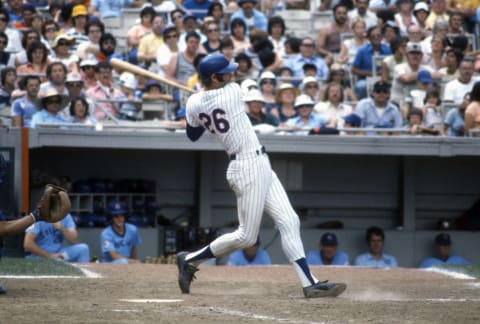 NEW YORK – CIRCA 1981: Dave Kingman #26 of the New York Mets bats against the Chicago Cubs during an Major League Baseball game circa 1981 at Shea Stadium in the Queens borough of New York City. Kingman played for the Mets from 1975-77 and 1981-83. (Photo by Focus on Sport/Getty Images)