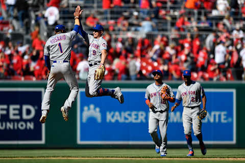 WASHINGTON, DC – MARCH 28: Amed Rosario #1 and Brandon Nimmo #9 of the New York Mets celebrate after the Mets defeated the Washington Nationals 2-0 on Opening Day at Nationals Park on March 28, 2019 in Washington, DC. (Photo by Patrick McDermott/Getty Images)