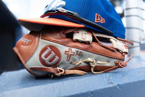 WEST PALM BEACH, FL – MARCH 07: A detailed view of the Wilson glove of J.D. Davis #28 of the New York Mets before the spring training game against the Washington Nationals at The Ballpark of the Palm Beaches on March 7, 2019 in West Palm Beach, Florida. (Photo by Mark Brown/Getty Images)