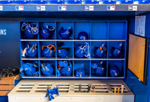 MIAMI, FL – APRIL 03: A general view of the batting helmets for the New York Mets before the game against the Miami Marlins at Marlins Park on April 3, 2019 in Miami, Florida. (Photo by Mark Brown/Getty Images)