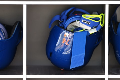 WEST PALM BEACH, FL – MARCH 11: The Franklin batting gloves sit in the batting helmet of Ali Sanchez #74 of the New York Mets before a spring training baseball game against the Houston Astros at Fitteam Ballpark of the Palm Beaches on March 11, 2019 in West Palm Beach, Florida. The Astros defeated the Mets 6-3. (Photo by Rich Schultz/Getty Images)