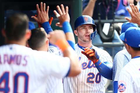 NEW YORK, NEW YORK – APRIL 07: Pete Alonso #20 of the New York Mets celebrates after hitting a three run home run in the seventh inning against the Washington Nationals at Citi Field on April 07, 2019 in New York City. (Photo by Mike Stobe/Getty Images)