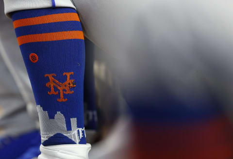 ATLANTA, GEORGIA – APRIL 11: Detail of a New York Mets player’s sock during the game against the Atlanta Braves at SunTrust Park on April 11, 2019 in Atlanta, Georgia. (Photo by Mike Zarrilli/Getty Images)